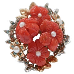 Vintage Coral, Fancy Diamonds, Pearls, 14 Karat White Gold and Rose Gold Ring. 