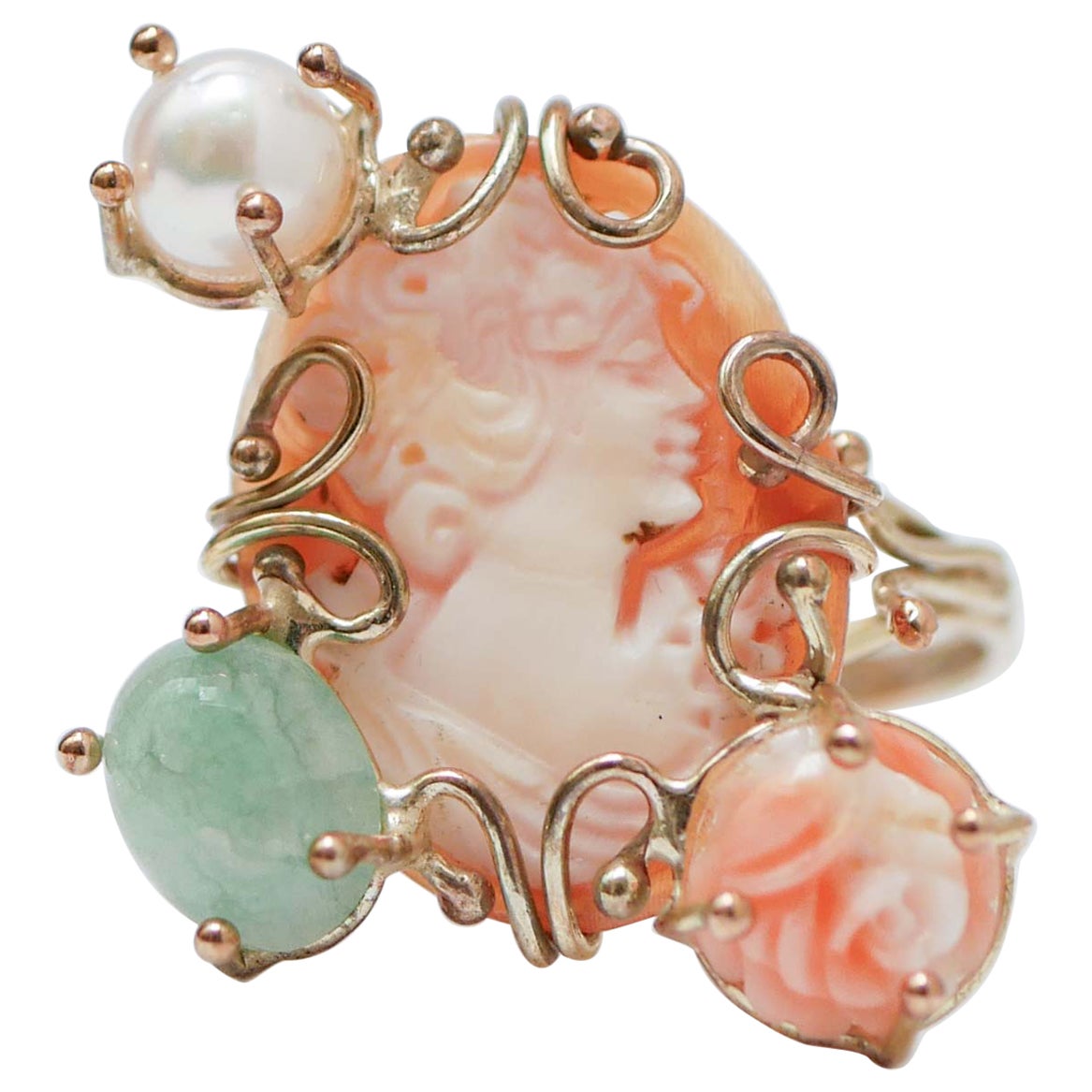 Cameo, Pearl, Stones, Rose Gold Ring For Sale