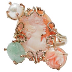 Antique Cameo, Pearl, Stones, Rose Gold Ring