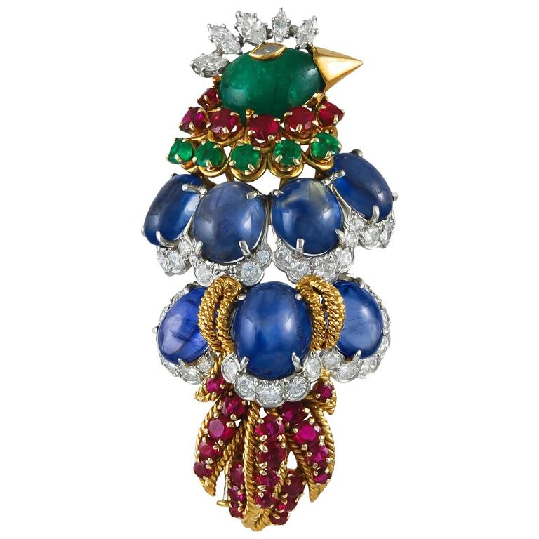 David Webb Sapphire Ruby Emerald Diamond Bird Brooch For Sale