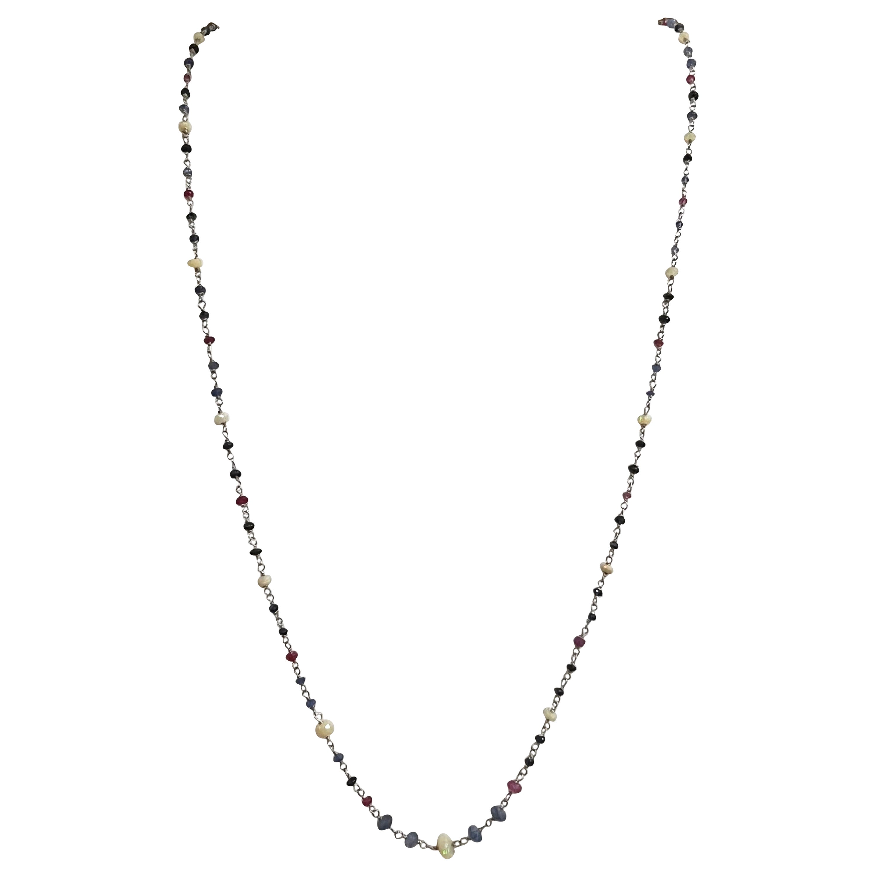 Handcraft Opals 18 Karat White Gold Rubies Sapphires Chain Necklace For Sale