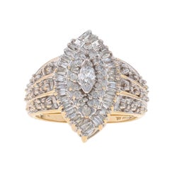 Yellow Gold Diamond Cluster Cocktail Halo Ring - 14k Marquise Baguette .75ctw