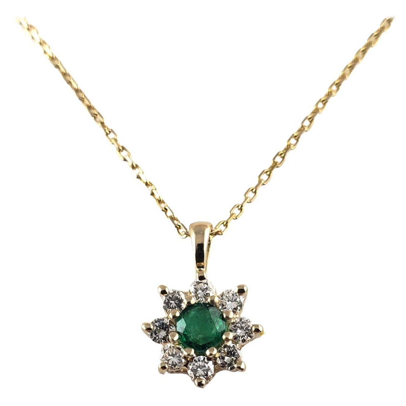14 Karat Yellow Gold Emerald and Diamond Pendant Necklace #15694 For Sale