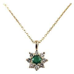 Vintage 14 Karat Yellow Gold Emerald and Diamond Pendant Necklace #15694