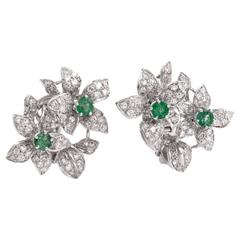 Vintage Italian Diamond Emerald Gold Floral Clip Back Earrings