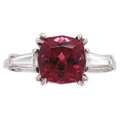 Platinum 3ct Cushion Red Garnet & Diamond Baguette Ring