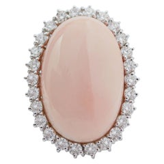 Retro Pink Coral, Diamonds, 18 Karat White Gold Ring.