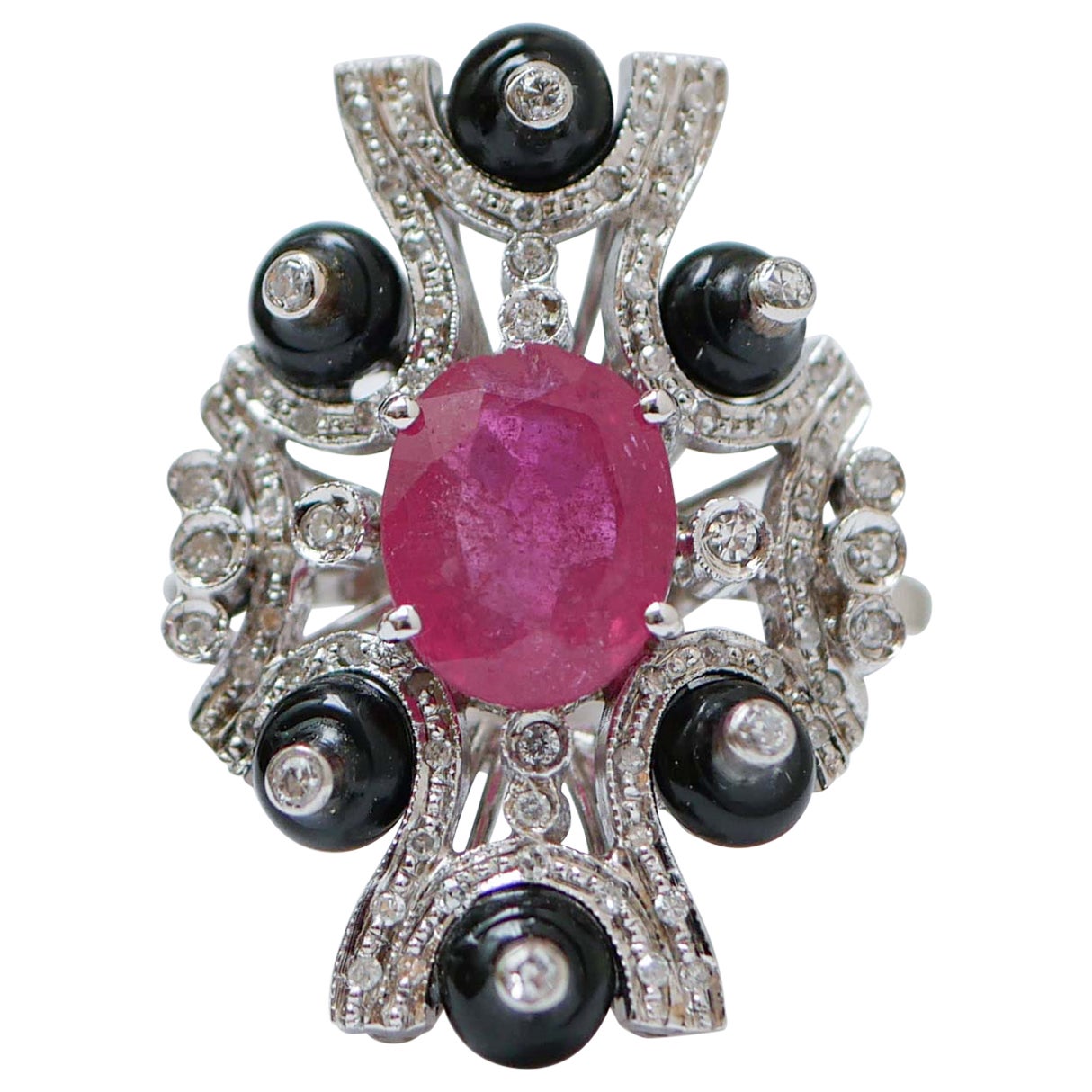 Ruby, Onyx, Diamonds, Platinum Retrò Ring.