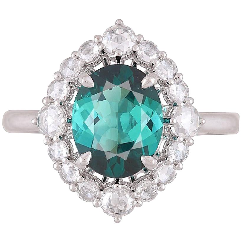 GIA Certified 1.81 Carat Oval Cut Blue-Green Tourmaline and Diamond Ring ref1310 For Sale