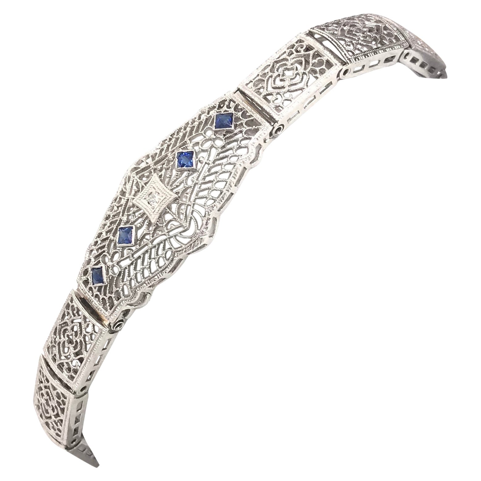 Antique Diamond and Sapphire Filigree Bracelet For Sale