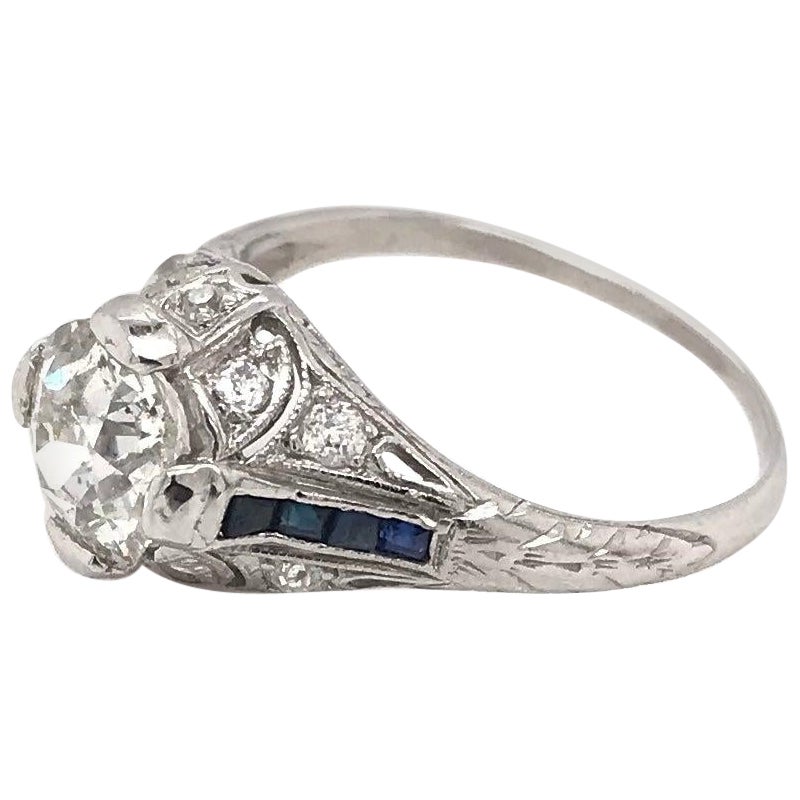 Antique Art Deco 1.25 Carat Diamond & Sapphire Filigree Solitaire Platinum Ring For Sale