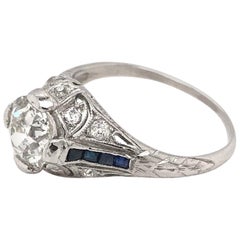 Used Art Deco 1.25 Carat Diamond & Sapphire Filigree Solitaire Platinum Ring