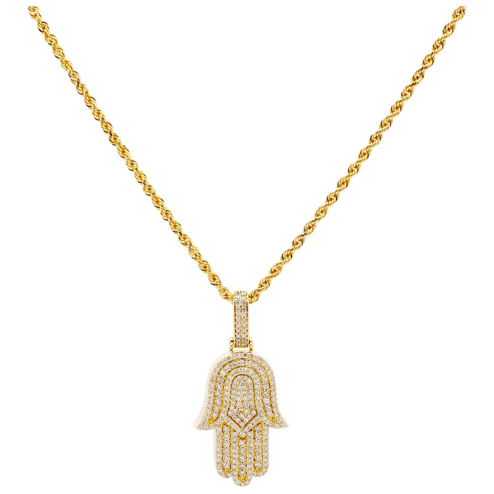 14K Yellow Gold Cluster Diamond Hamsa Pendant Necklace For Sale