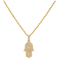 14K Yellow Gold Cluster Diamond Hamsa Pendant Necklace