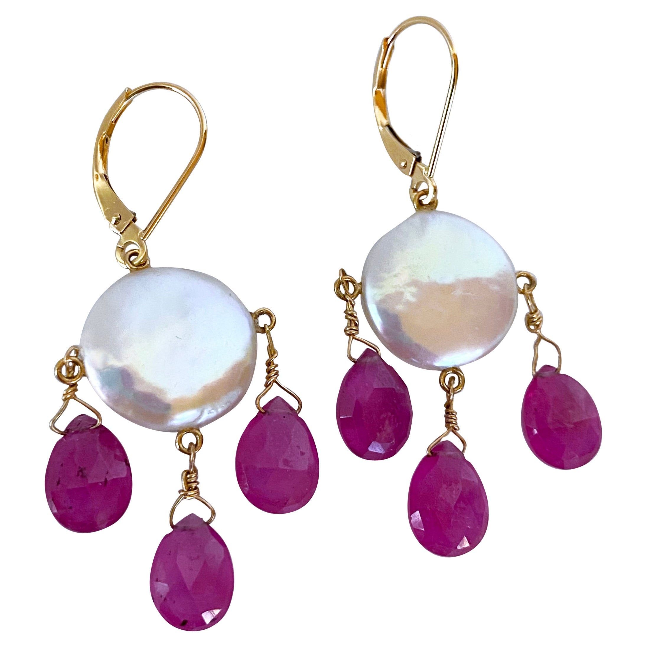 Marina J. Ruby, Coin Pearl & Solid 14k Yellow Gold Chandelier Earrings