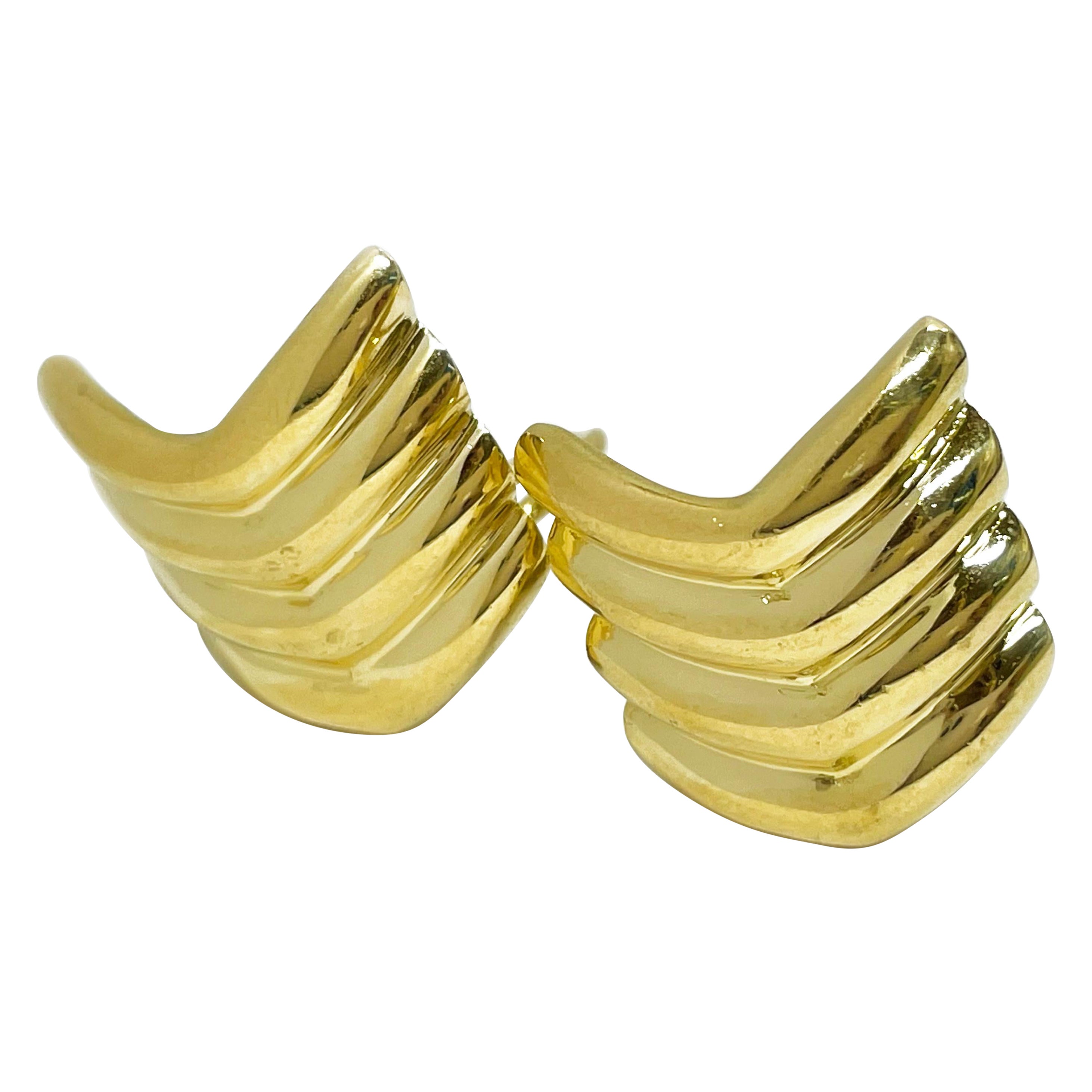 Yellow Gold Ridged Chevron Earrings For Sale