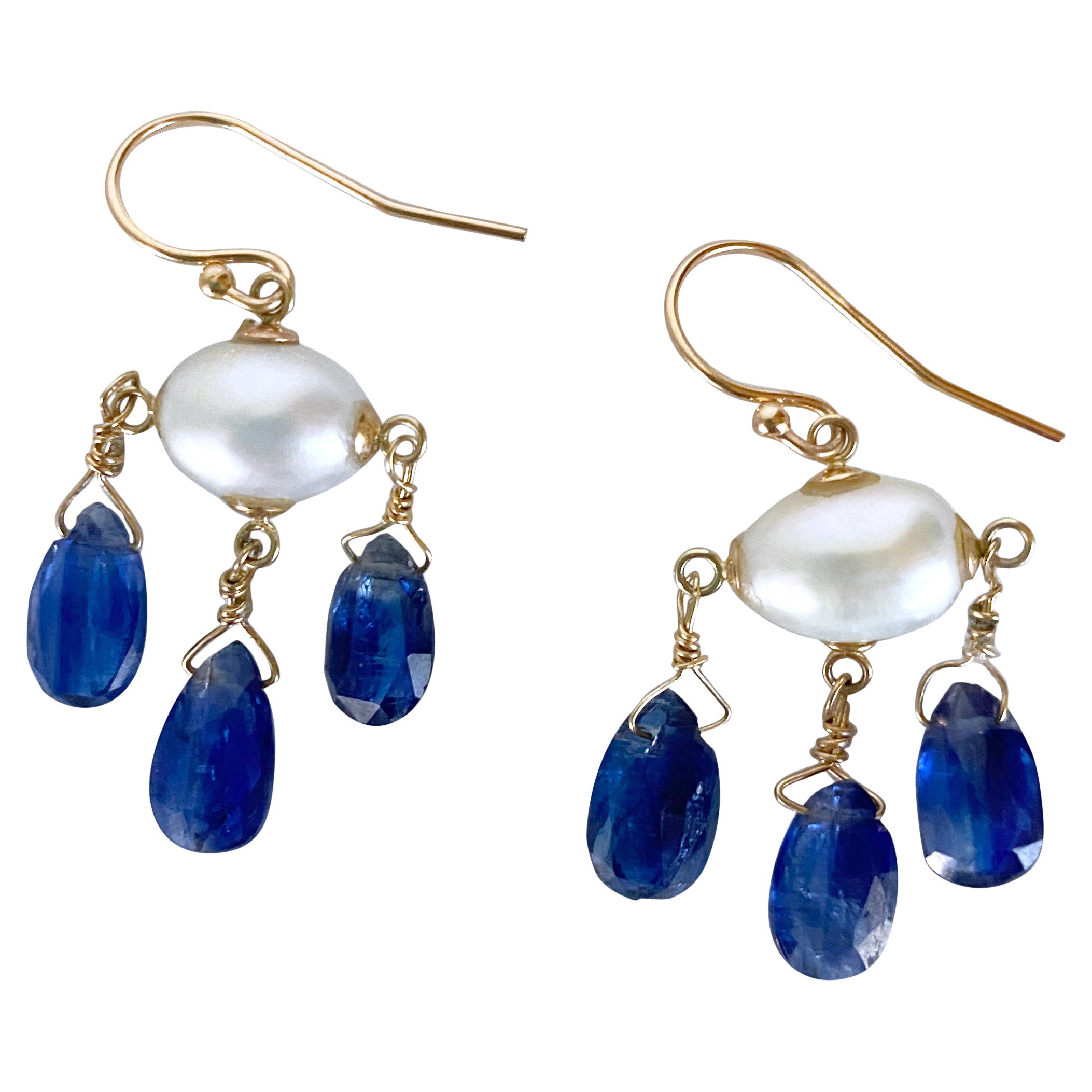 Marina J. Blue Kyanite, Pearl & Solid 14k Yellow Gold Chandelier Earrings For Sale