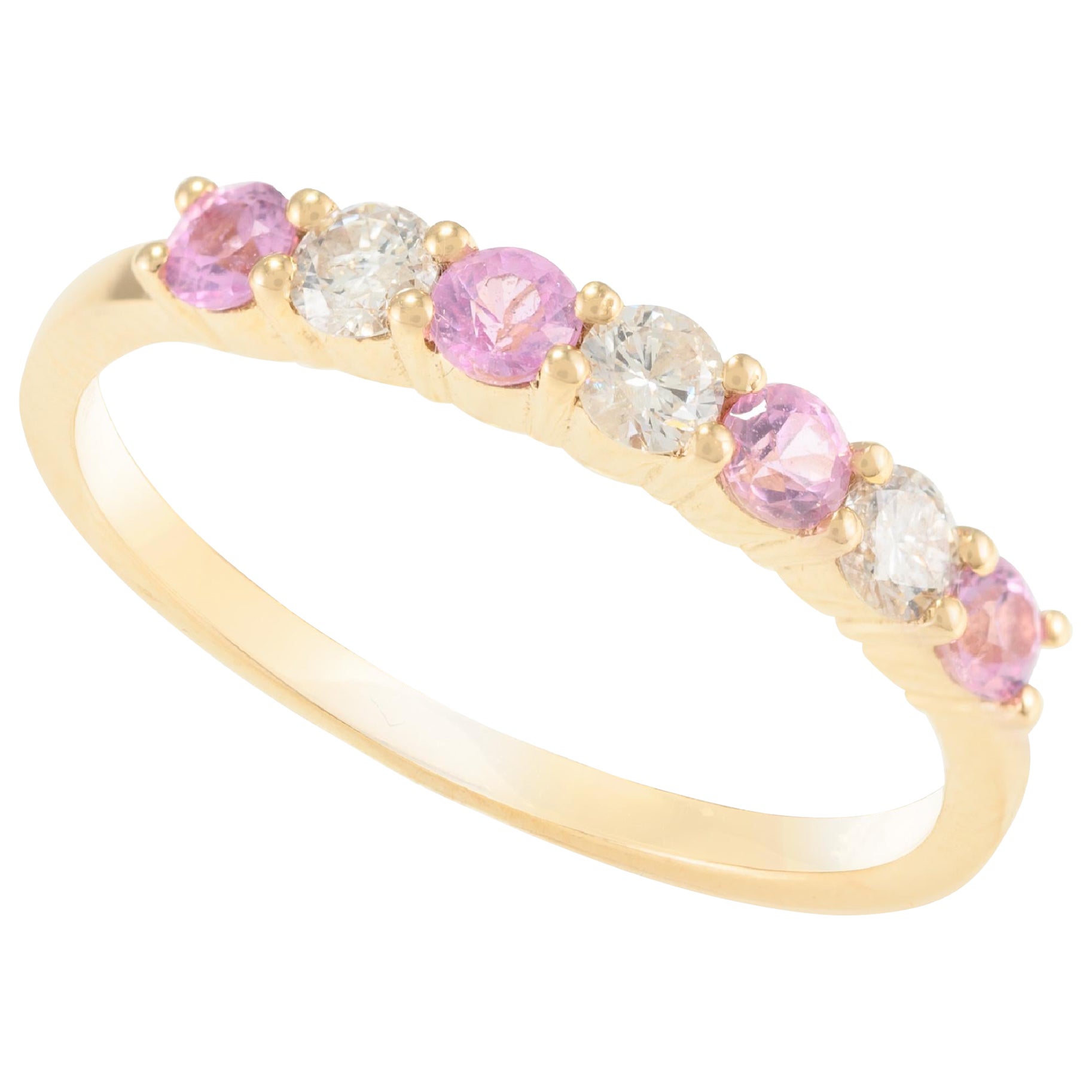 For Sale:  Minimal 0.35 CTW Pink Sapphire and Diamond Stackable Band 14k Solid Yellow Gold