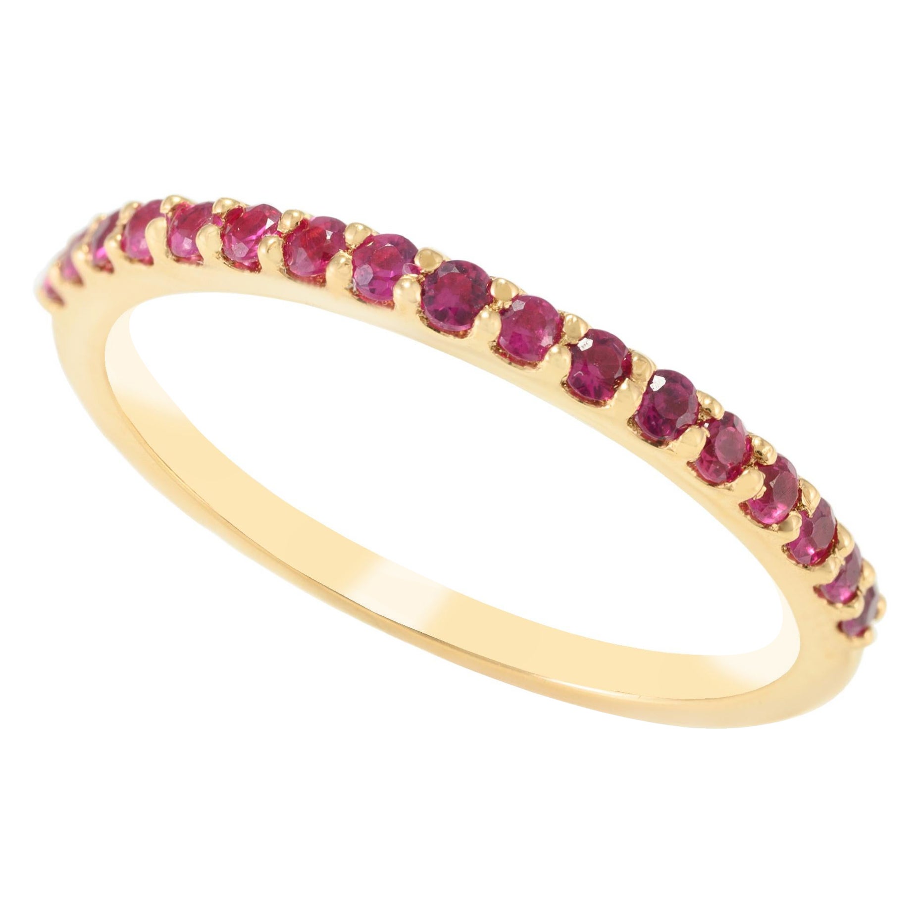 18k Solid Yellow Gold Stackable Round Cut Pave Ruby Gemstone Half Eternity Band