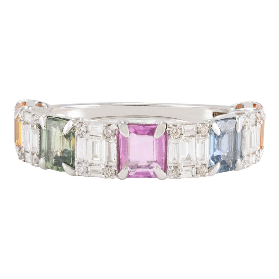 2.54 CTW Genuine Multi Color Sapphires and Diamonds Band Ring 18k White Gold