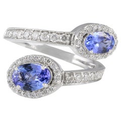 14k White Gold 1.04ct Genuine Oval Tanzanite and Halo Diamond Bypass Ring