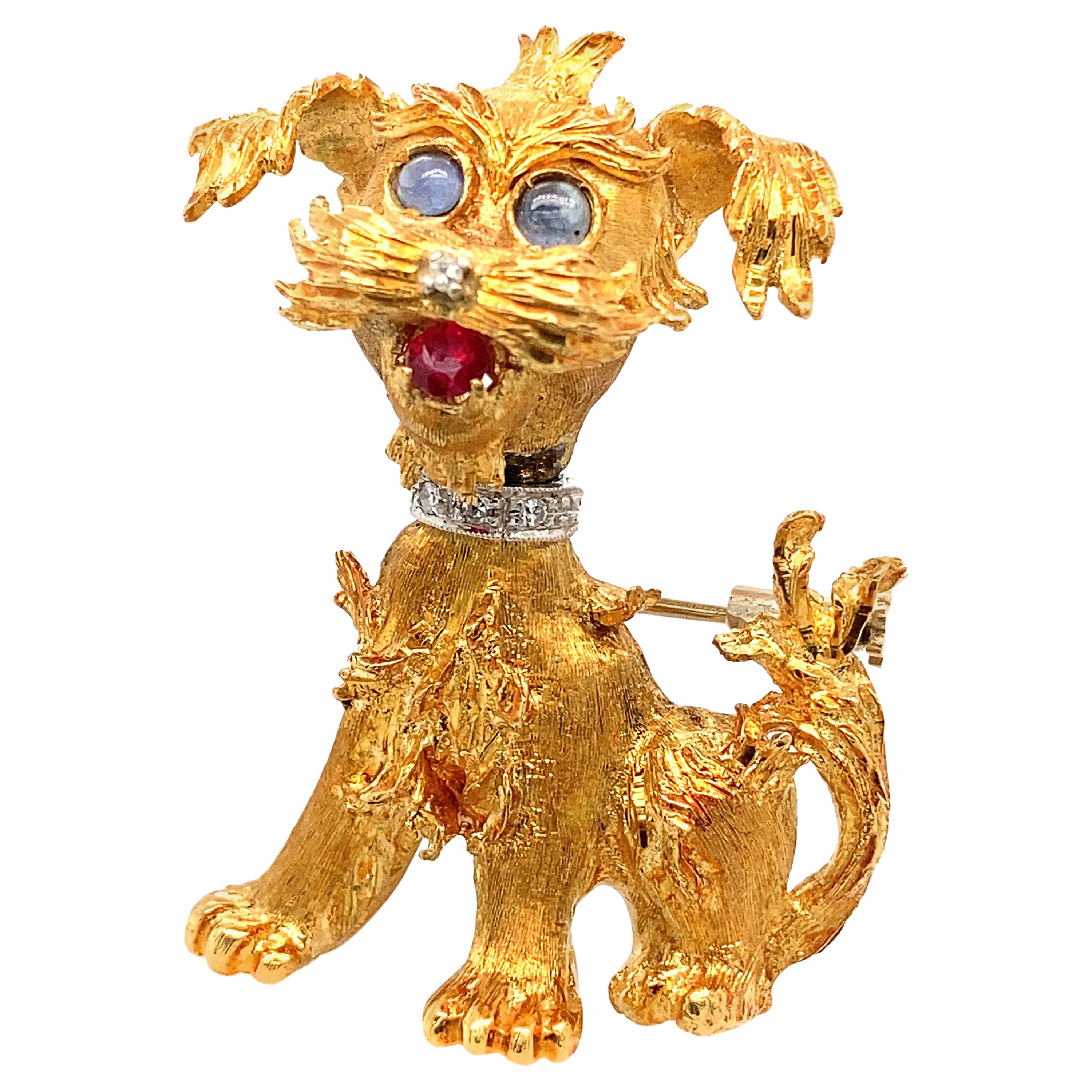 Broche chien Schnauzer en or 18 carats, diamant, saphir et rubis