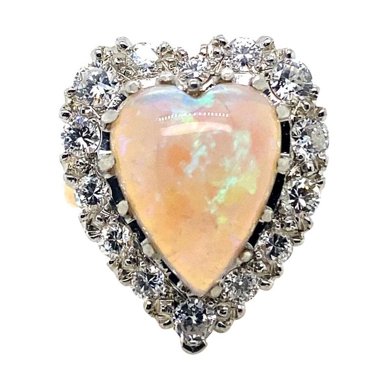 Opal Diamond Heart 14 Karat Yellow White Gold Cluster Engagement Ring