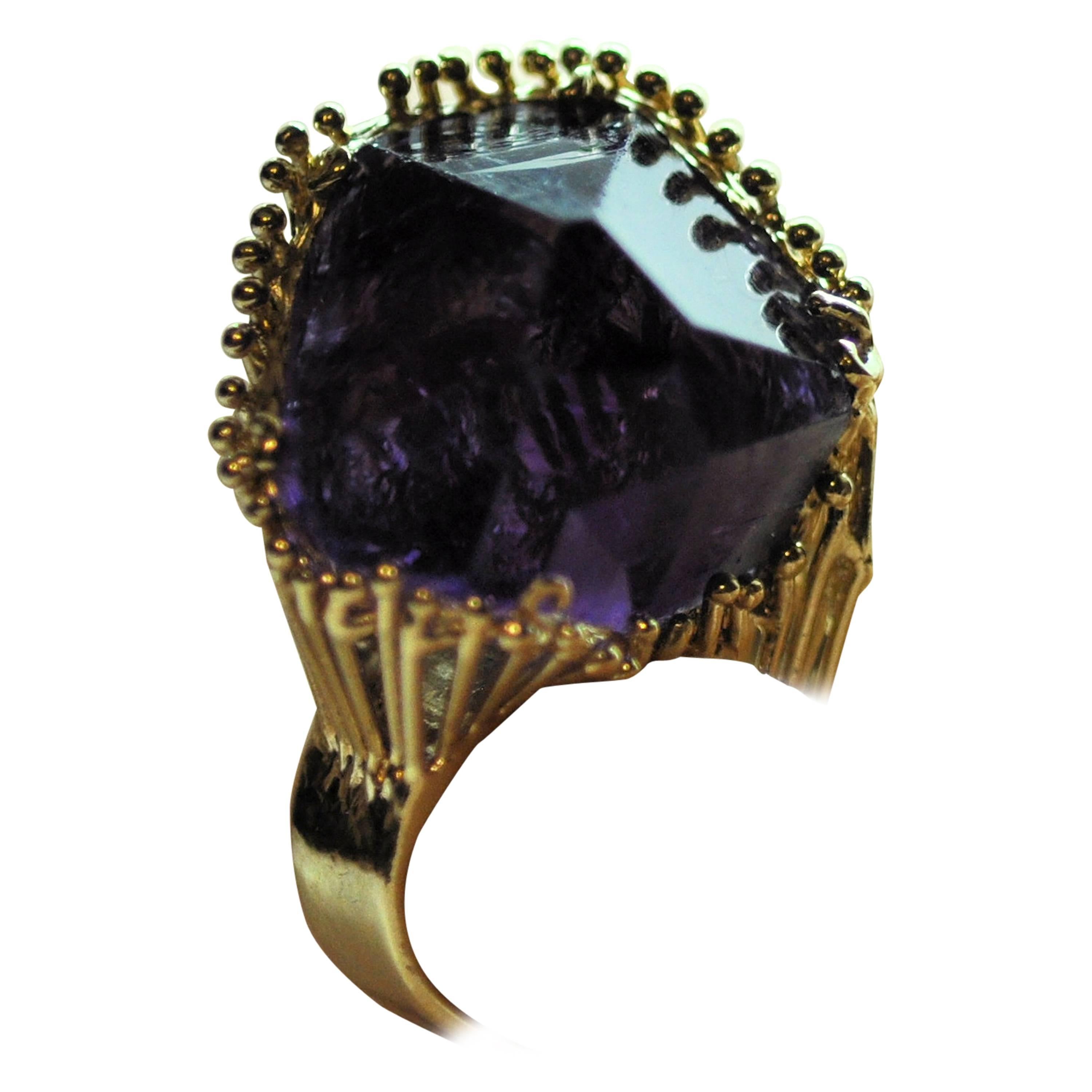 1980s Gold Amethyst Crystal Custom Ring For Sale