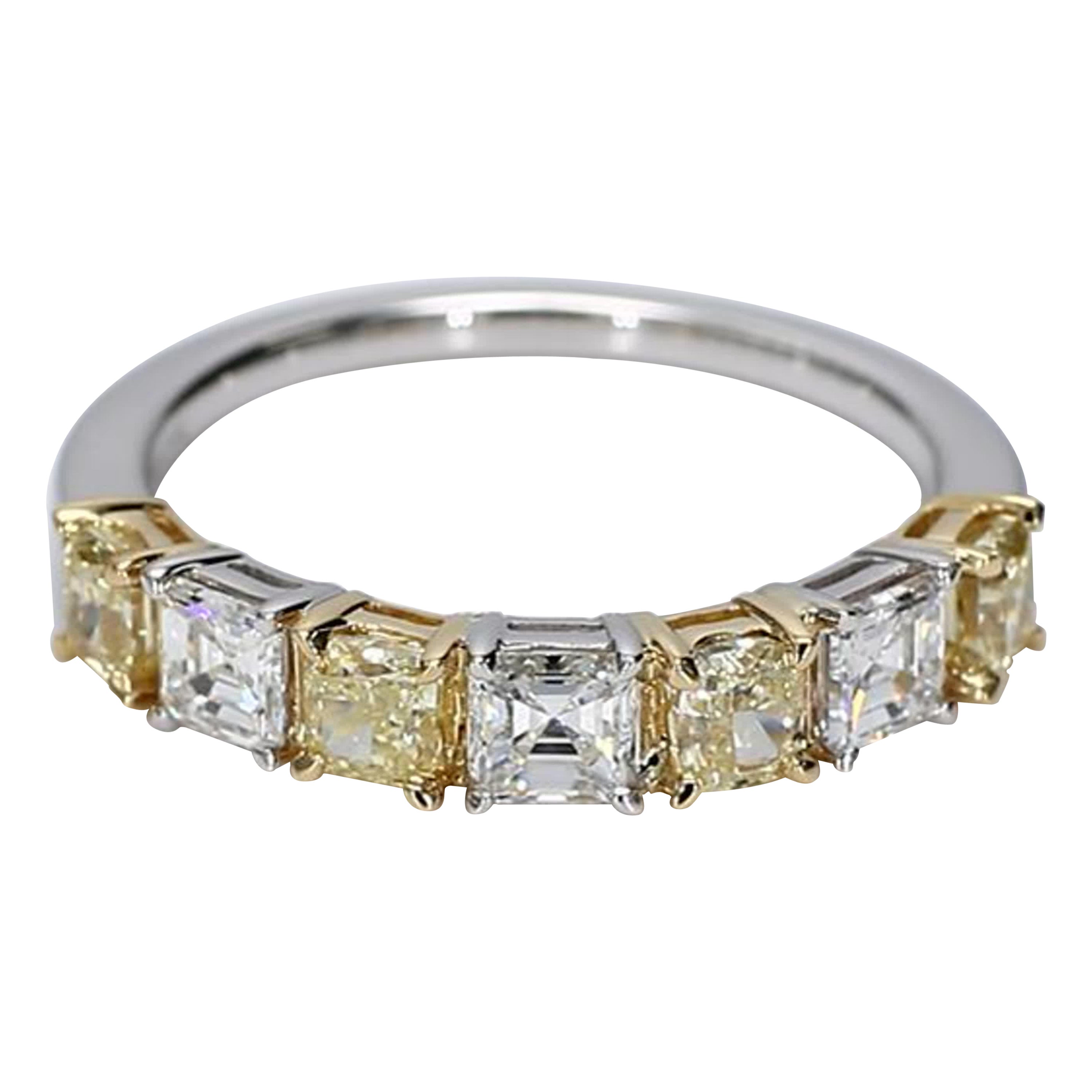 Natural Yellow Cushion and White Diamond 1.53 Carat TW Gold Wedding Band For Sale