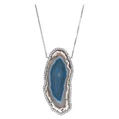 Blue agate and diamond silver necklace