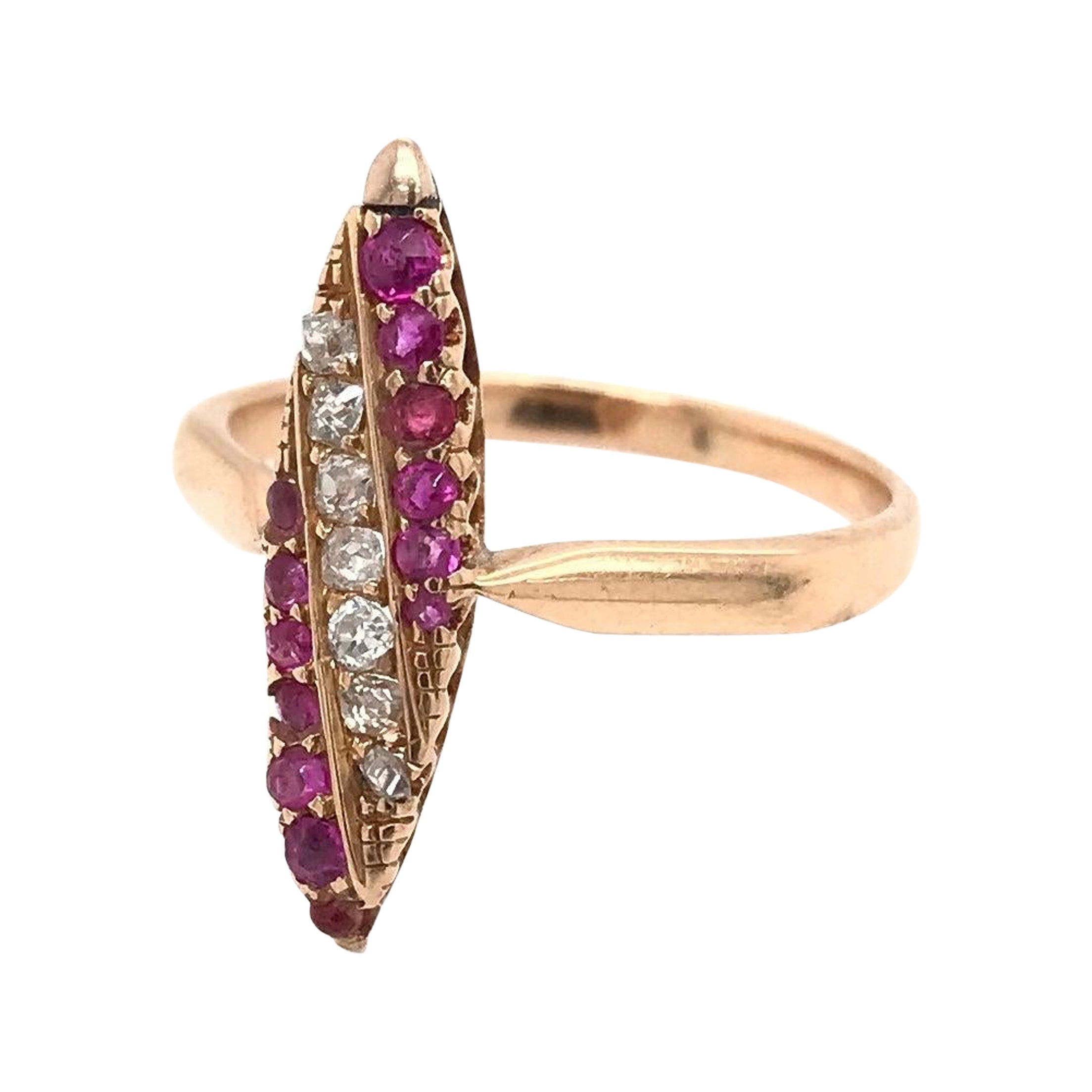 Victorian Ruby Diamond and Rose Gold Navette Ring