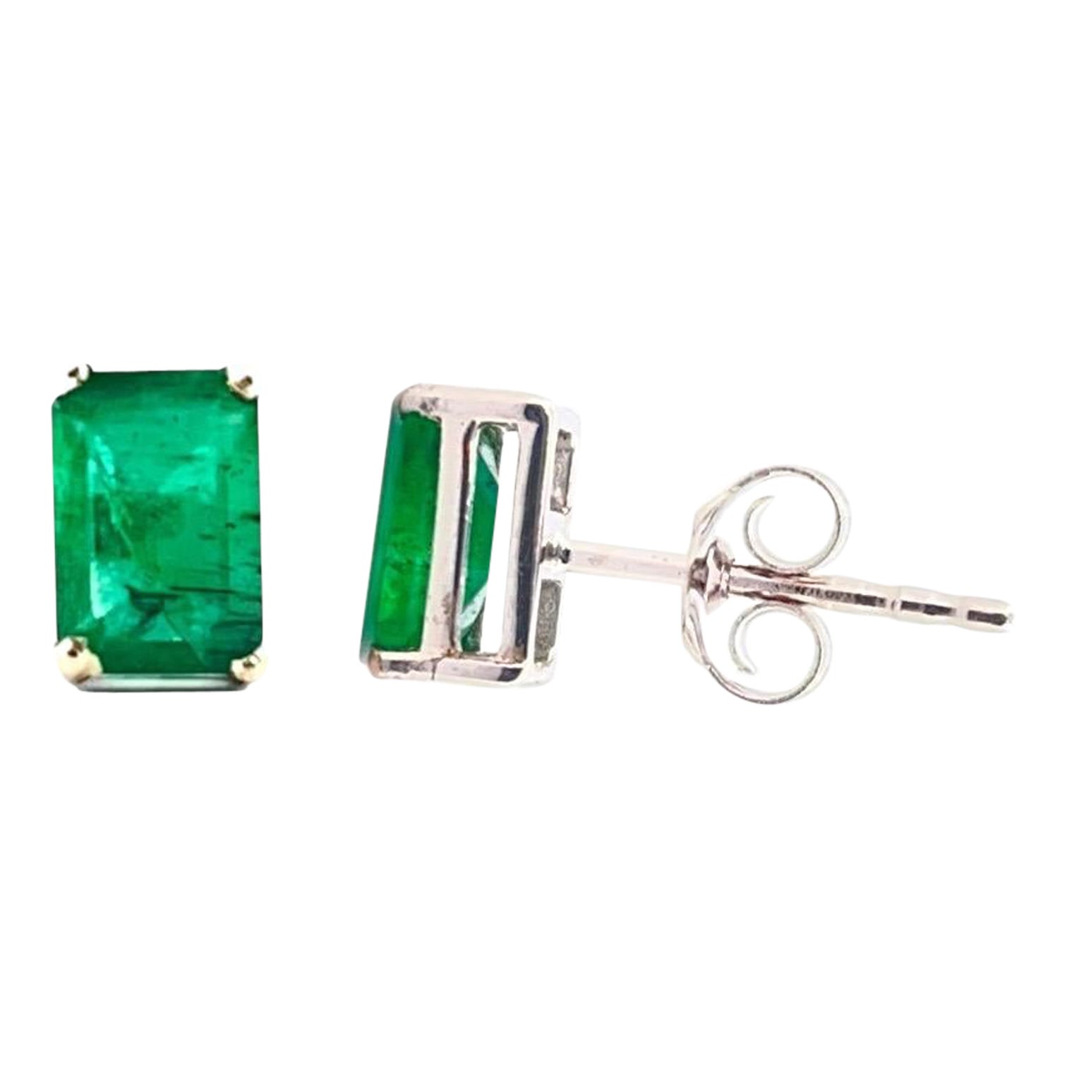 1 to 1.05 Ct Emerald Gemstone Stud Earrings - 14K White Gold For Sale