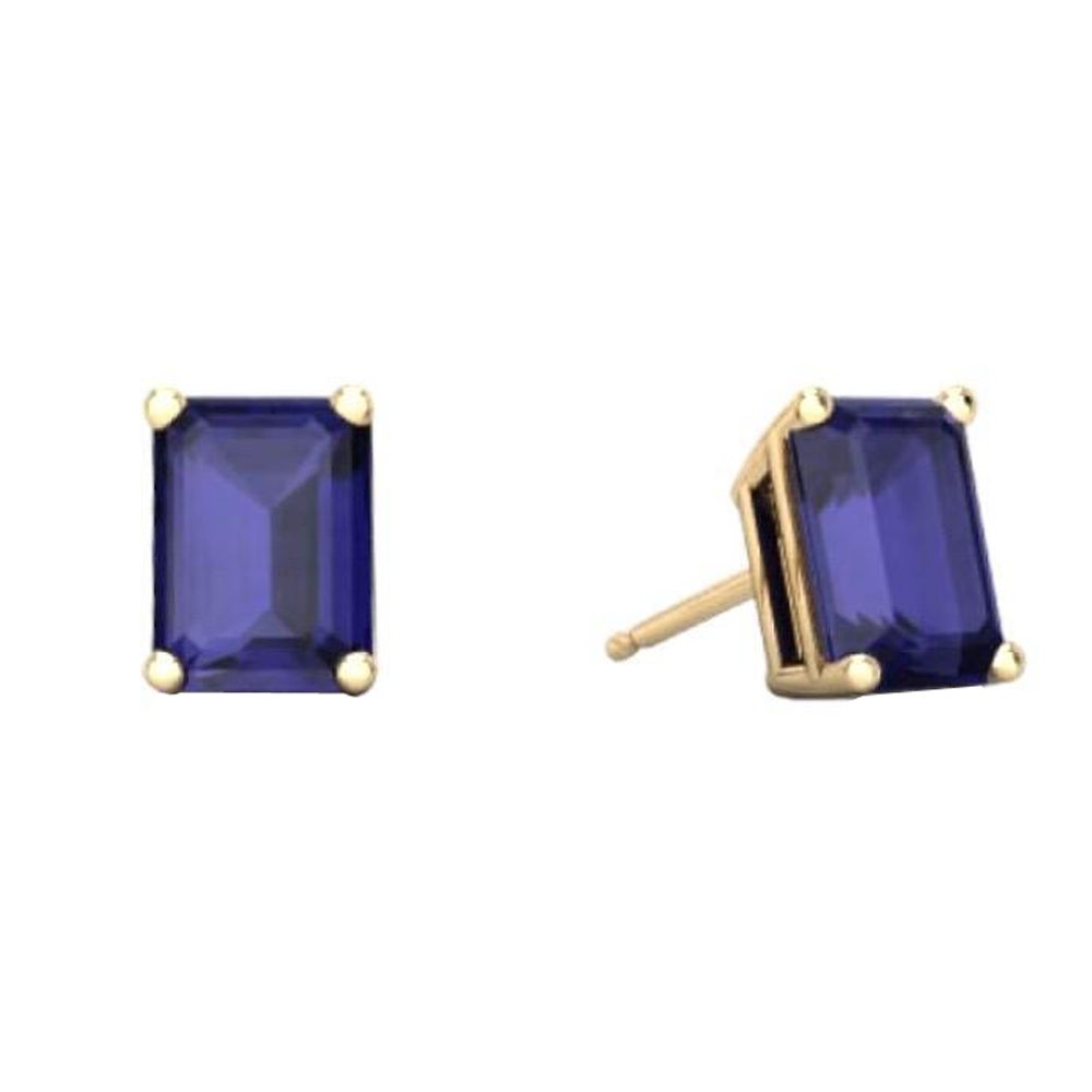 1.65 to 1.70 Ct Emerald Cut Gemstone Sapphire Stud Earrings - 14K Yellow Gold For Sale