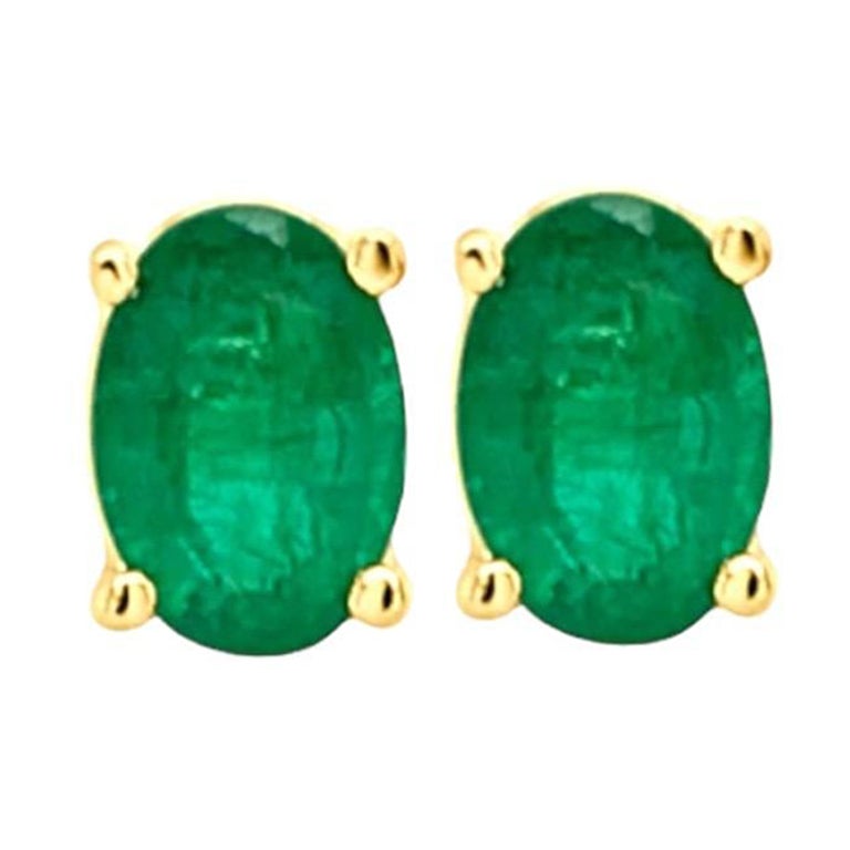 Oval Emerald Gemstone Stud Earrings - 0.70 to 0.80 Ct, 14K Yellow Gold For Sale
