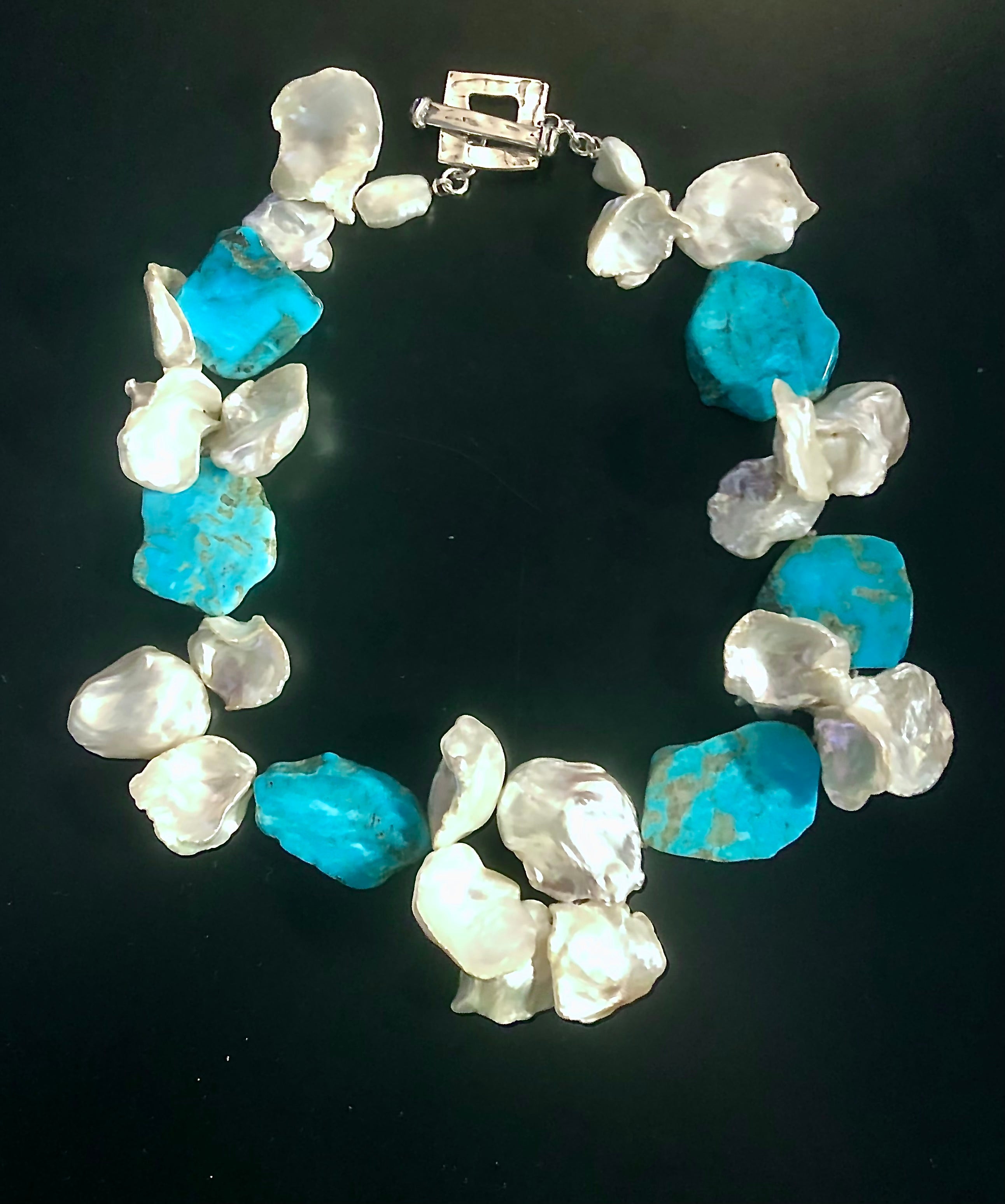 Kingman turquoise w/ huge cultured keishi petal shaped pearls and lustrous nacre For Sale