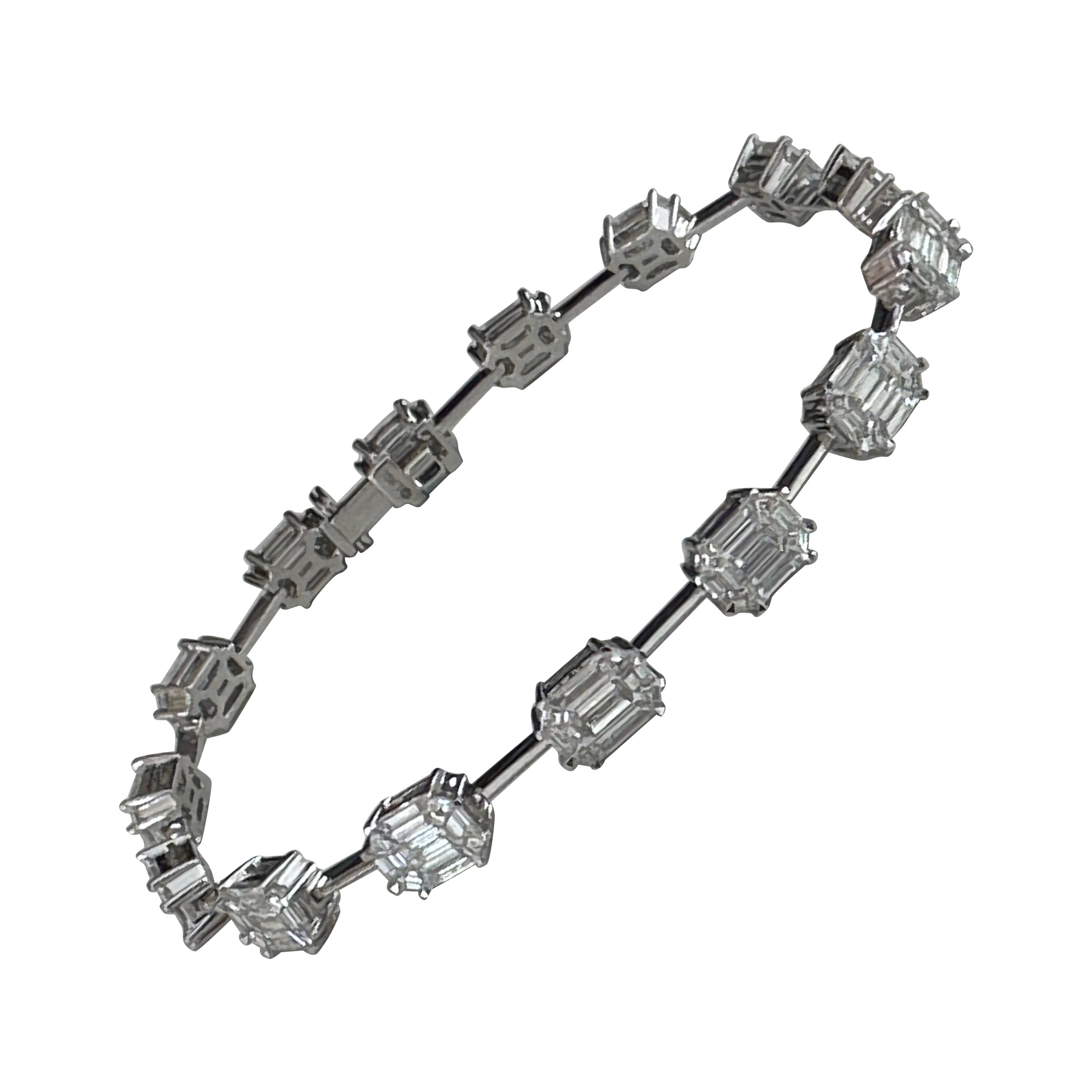 18K White Gold Illusion Emerald-Cut Diamond Link Bracelet 