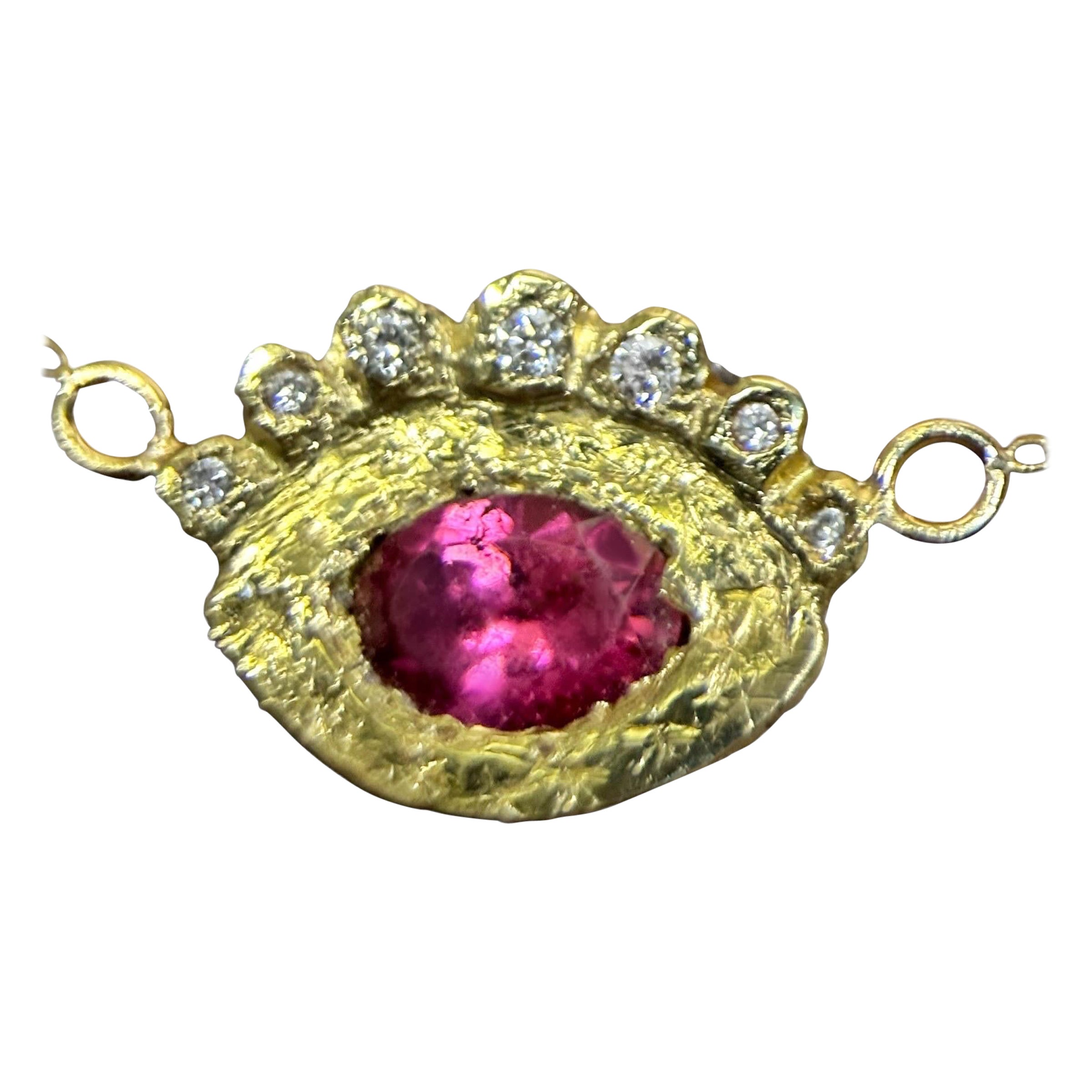 Hera’s Eye Rubellite Tourmaline with Diamonds Necklace in Gold in stock For Sale