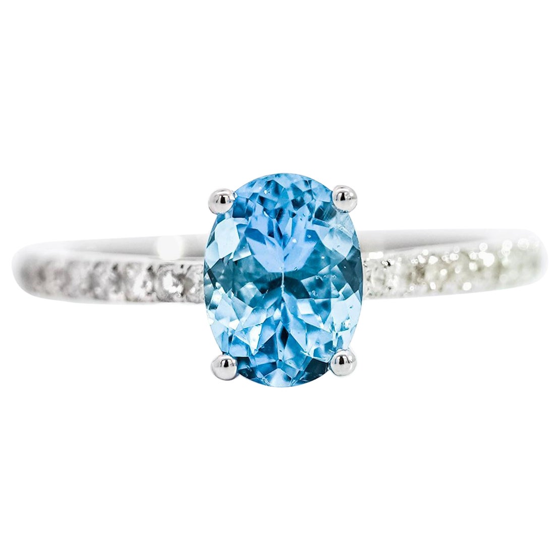 1.16 Carat Oval-Cut Aquamarine and Diamond 14K White Gold Solitaire Ring