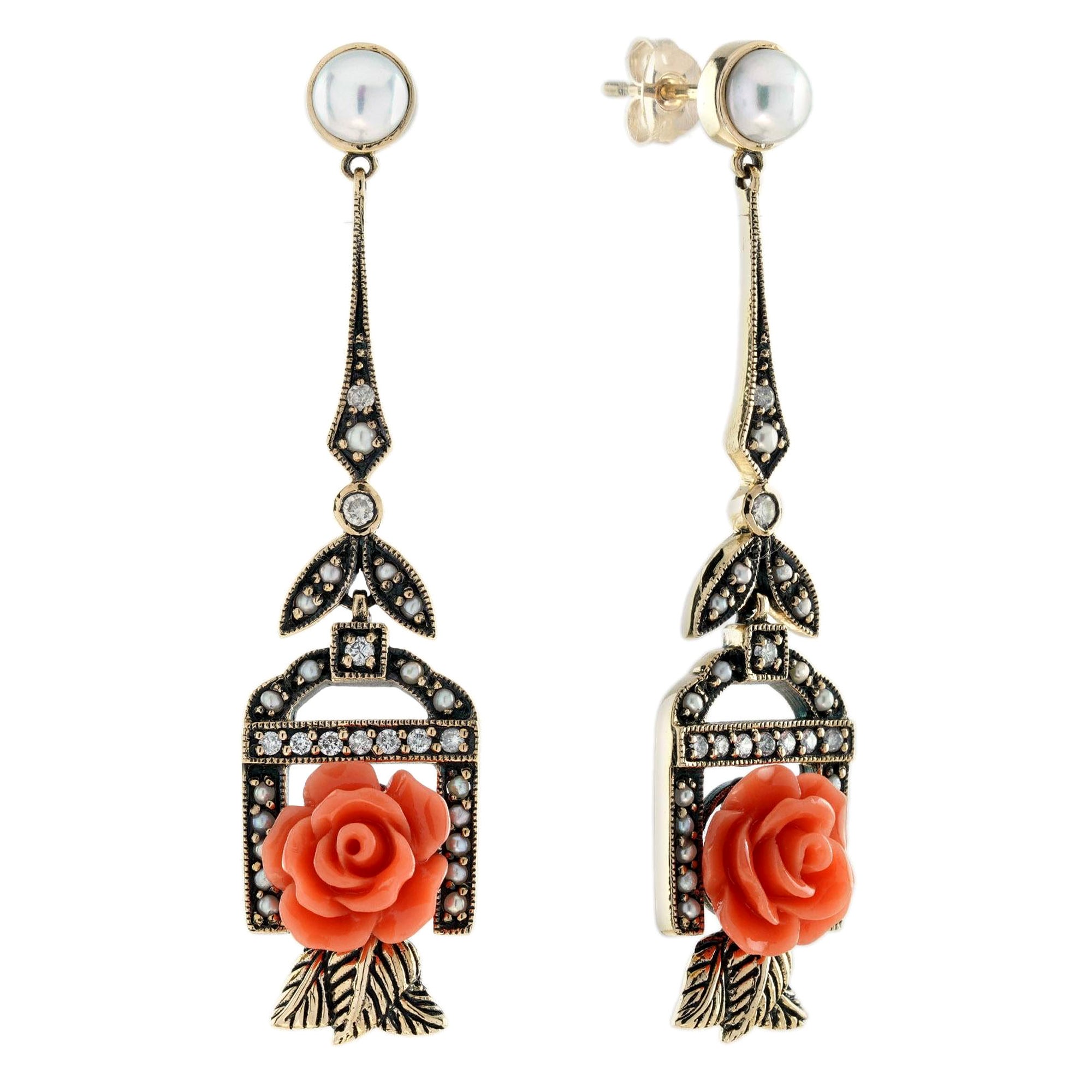 Rose Carved Coral Pearl Diamond Vintage Style Drop Earrings in 9K Yellow Gold For Sale