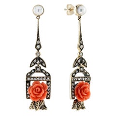 Rose Carved Coral Pearl Diamond Vintage Style Drop Earrings in 9K Yellow Gold
