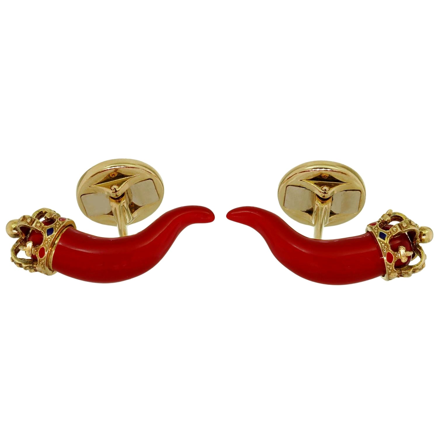 DOLCE & GABBANA Horn Amulet Krone Rot Emaille Rubin 18k Gold Kleine Manschettenknöpfe  im Angebot