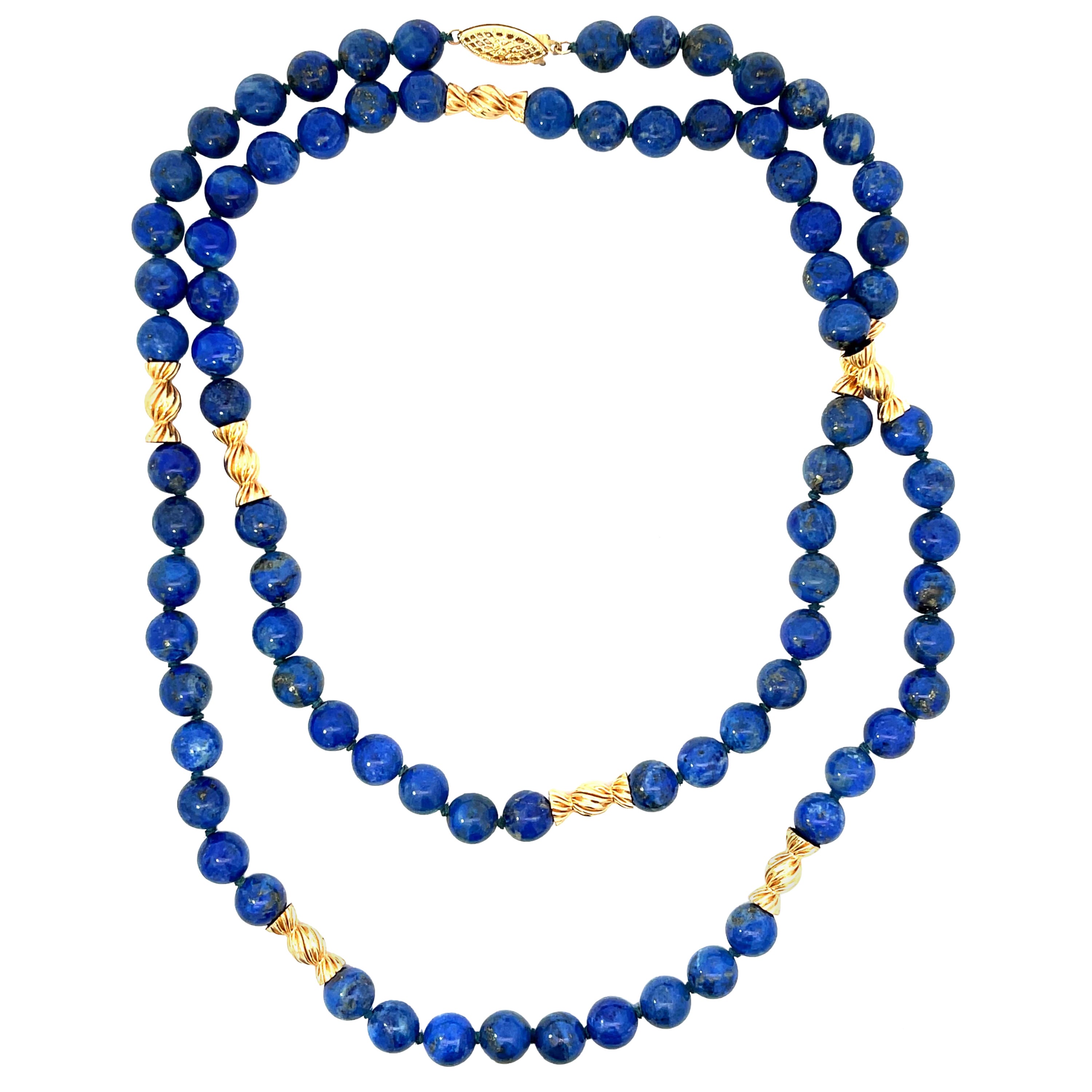 Lapis Lazuli Beaded Necklace 14k Yellow Gold For Sale