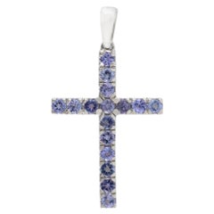 Genuine 0.41ct Round Cut Tanzanite Cross Pendant in 18k Solid White Gold