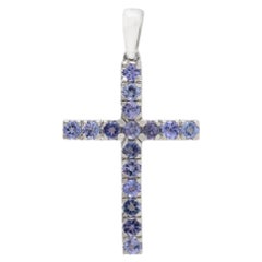 Genuine 0.41ct Round Cut Tanzanite Cross Pendant in 18k Solid White Gold