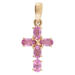 Antique 1.64 CTW Natural Pink Sapphire Cross Pendant in 14k Solid Yellow Gold