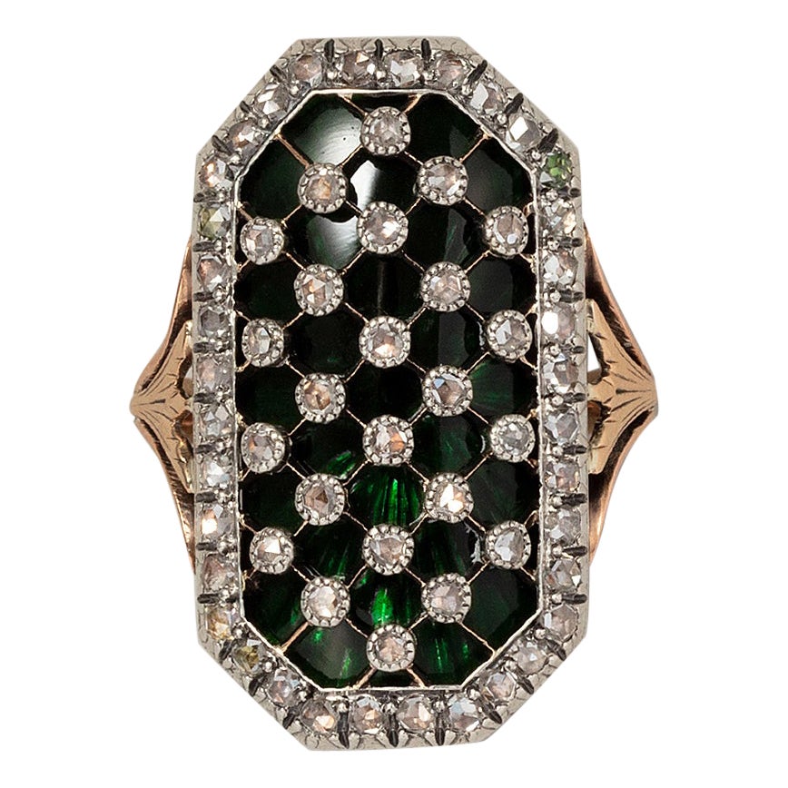 gold and silver bague au firmament with green glass and diamonds For Sale