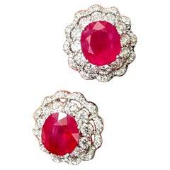 GRS Certified 7.50 Carat Burma Ruby and Diamond Earring Studs