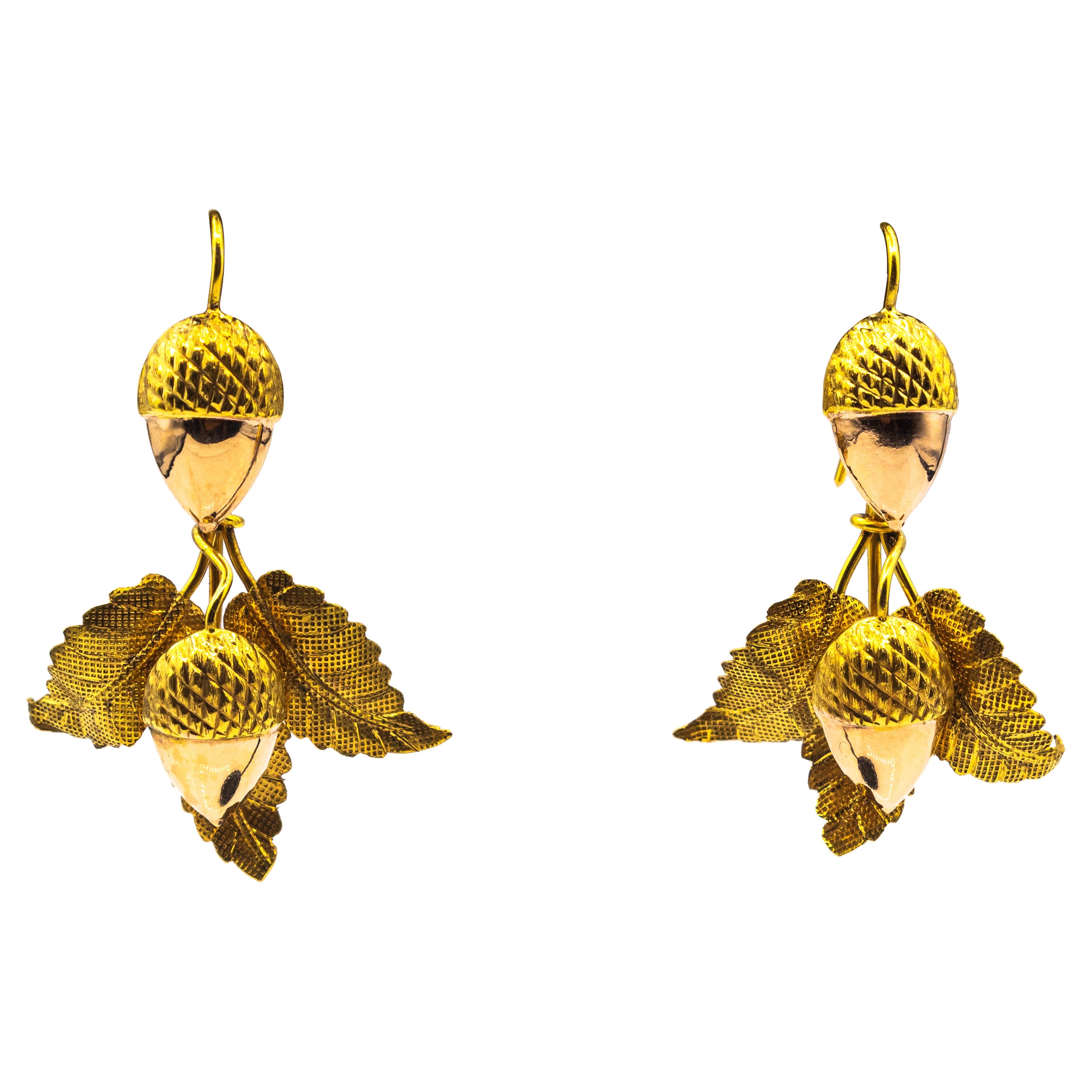Ohrringe im Jugendstil, handgefertigt aus Gelbgold und Roségold mit Tropfen „Eichel“ im Angebot