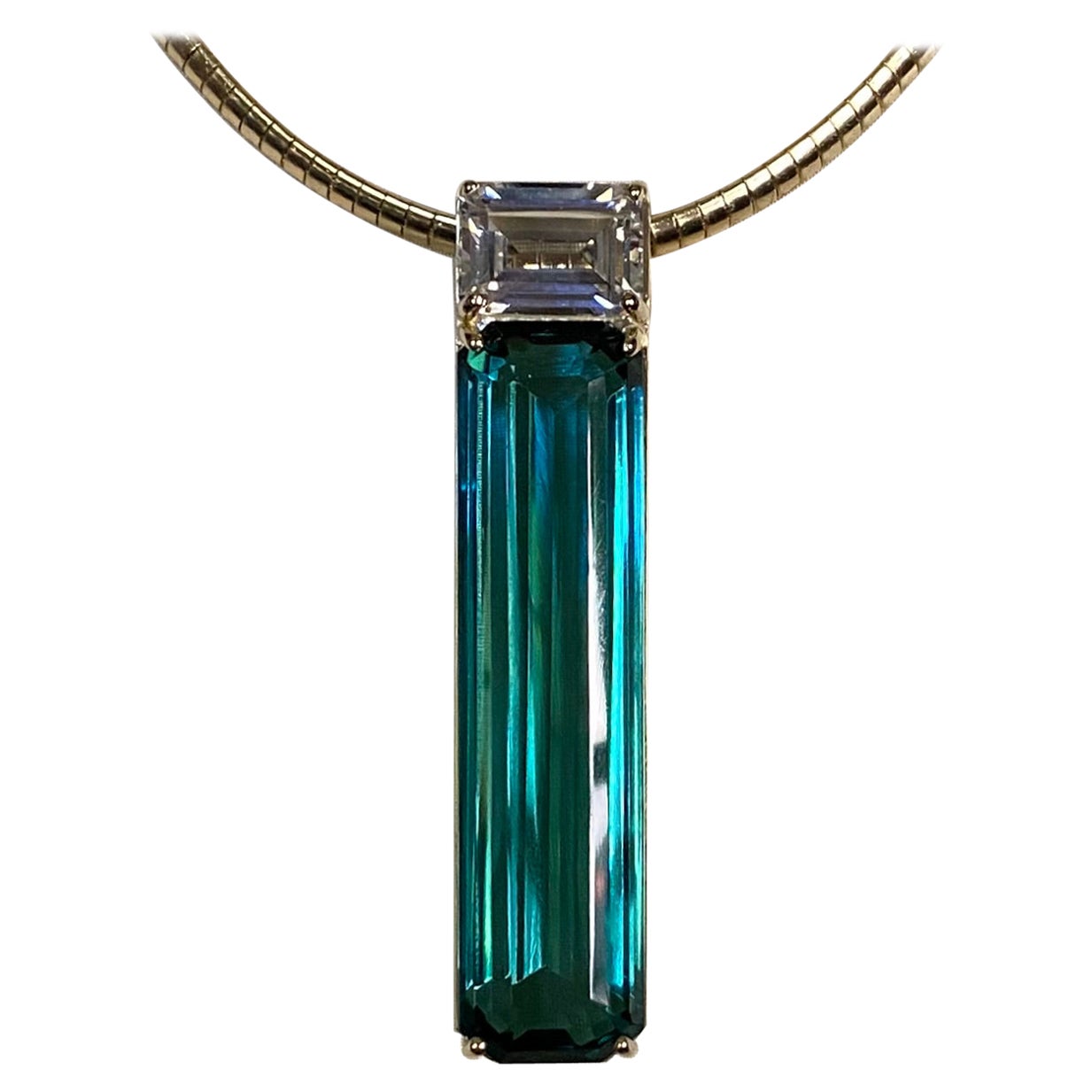 Michael Kneebone Blue/Green Topaz Silver Sapphire Plinth Pendant For Sale