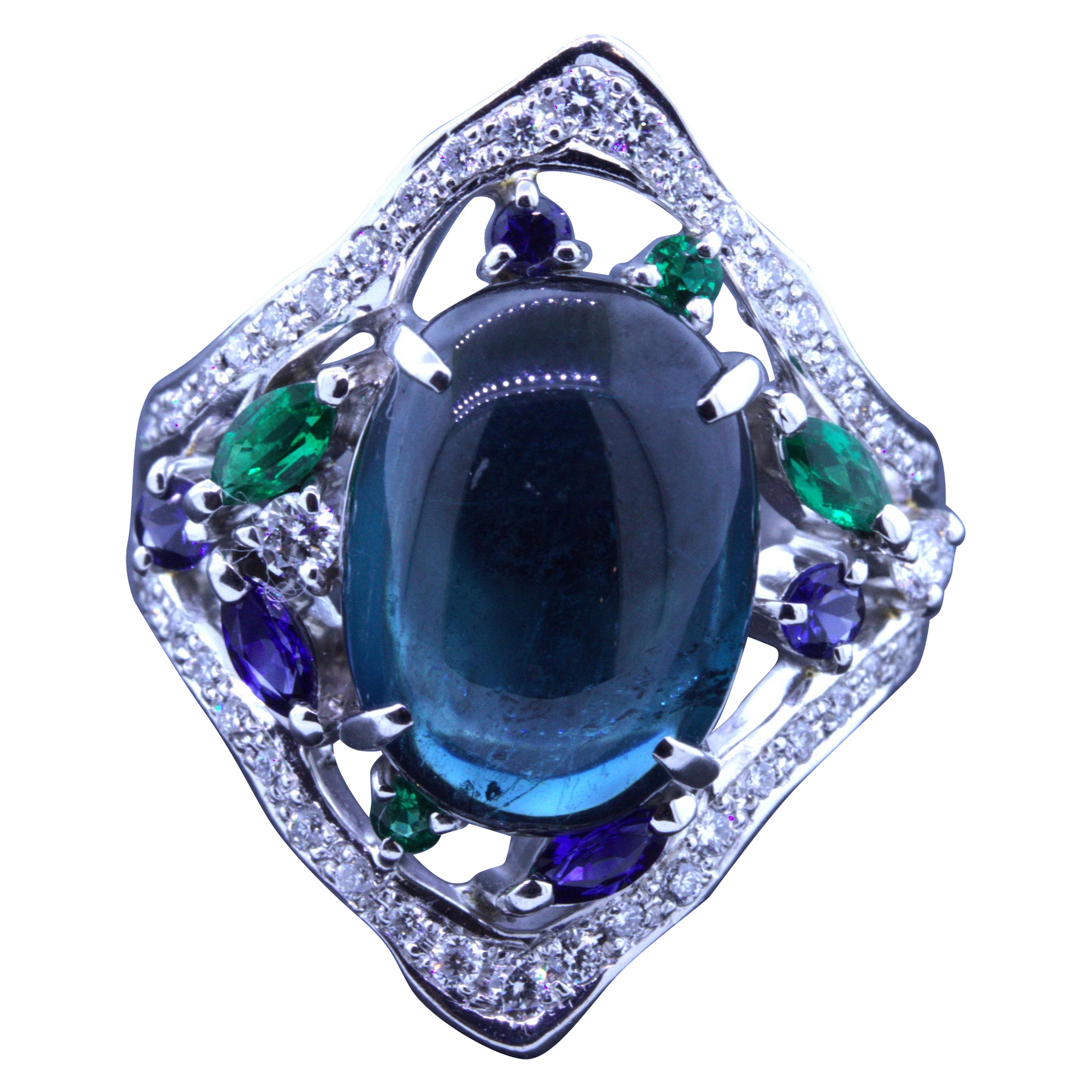 7.32 Carat Cabochon Indicolite Tourmaline Diamond Emerald Sapphire Platinum Ring For Sale